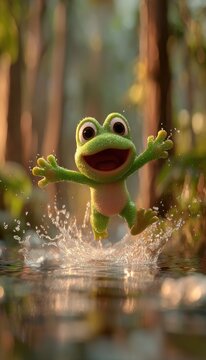 Animated frog character leaping across water with joyful expression