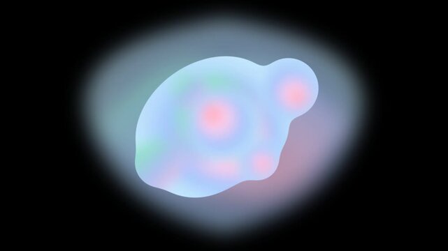 Abstract 4K animation of an iridescent plasma swirl featuring soft pastel gradients of blue and pink in a liquid amorphous shape floating on a solid black background.