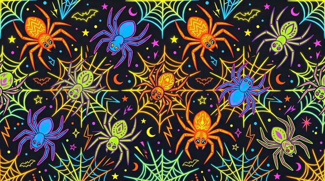 A highly vibrant and fun Halloween seamless pattern packed with brightly colored neon spiders and interlocking webs on a dark background, perfect for festive party decor and wrapping paper.