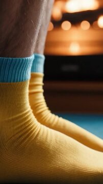 A person wearing two different colored socks, one yellow and one blue