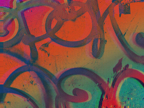 Abstract halftone dot pattern with fluid swirling purple and blue graffiti brushstrokes on a textured orange background. Drops into a nightclub and music album cover composition.