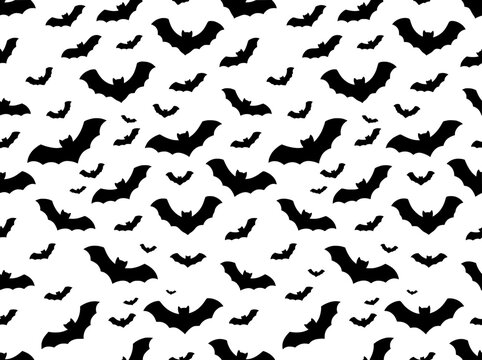 Halloween bat seamless pattern background vector, black flying bats silhouette texture, spooky gothic textile print