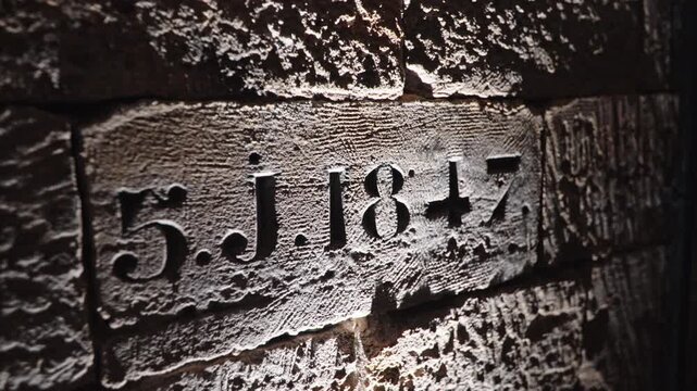 Close-up of the 5 J 1847 inscription carved into a rough stone wall in the Paris catacombs under dramatic side lighting.