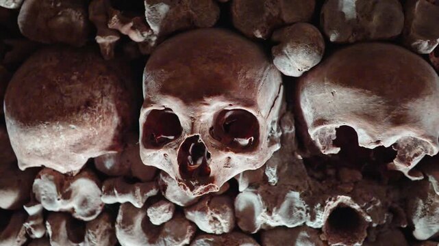 Human skulls and bones form a tight underground wall in the Paris Catacombs, lit from the side for a dark historic mood.