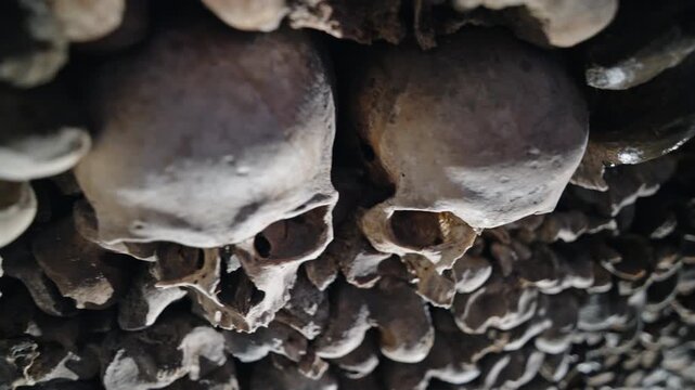 Oblique close-up tracks along a dense row of human skulls in the Catacombes de Paris ossuary, lit by soft overhead lamps.