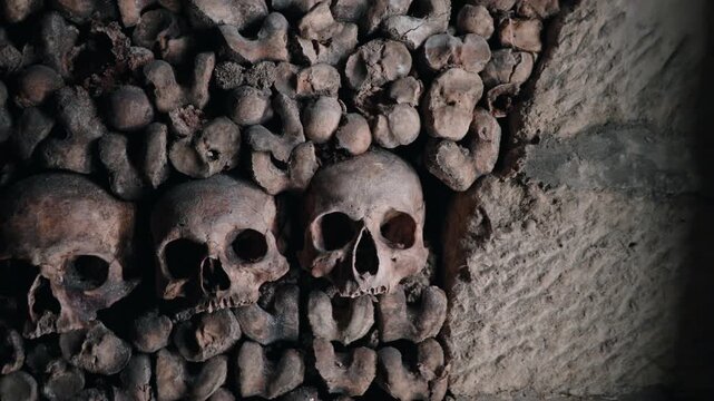 Tight shot lingers on several worn craniums packed among rough bones, creating a dark, somber burial backdrop.