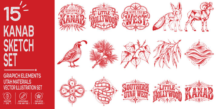 Kanab Utah Travel Graphic Elements Set, Little Hollywood Typography, Western Film Art Shapes, Desert Flora and Wildlife, Sand Dune Adventure Badges for Posters and Flyers Kanab