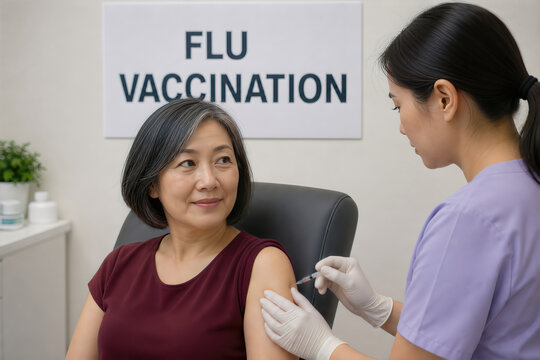 Woman Receiving Flu Vaccine in Medical Clinic