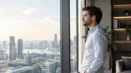 Fototapeta premium Male professional in light blue shirt stands by large window overlooking city skyline with modern buildings and river in the background during daytime