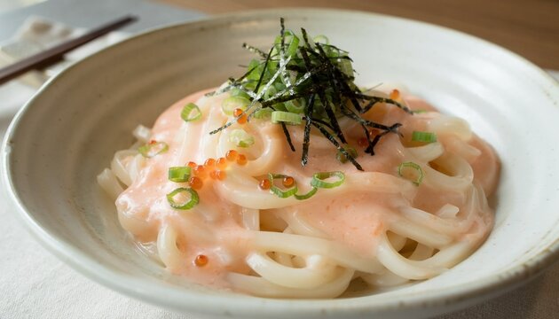 Japanese creamy mentaiko udon pasta-style dish, thick white udon noodles coated in silky pale pink cod roe cream sauce, fresh seaweed strips.