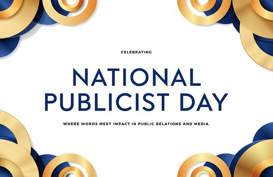 National publicist day celebration banner with abstract gold and blue rings