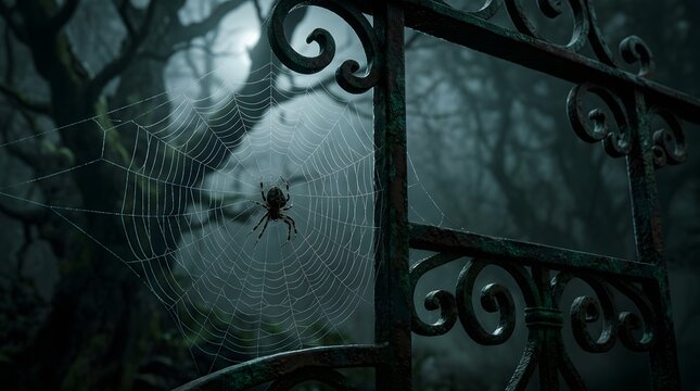 A hauntingly beautiful halloween night scene featuring a ghostly figure and an ominous wrought iron gate