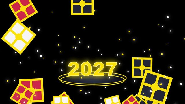Golden 2027 New Year Text Surrounded By Colorful Gift Boxes