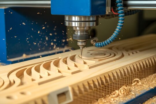 CNC Router Machine Cutting Intricate Wooden Designs with Precision in Manufacturing Workshop