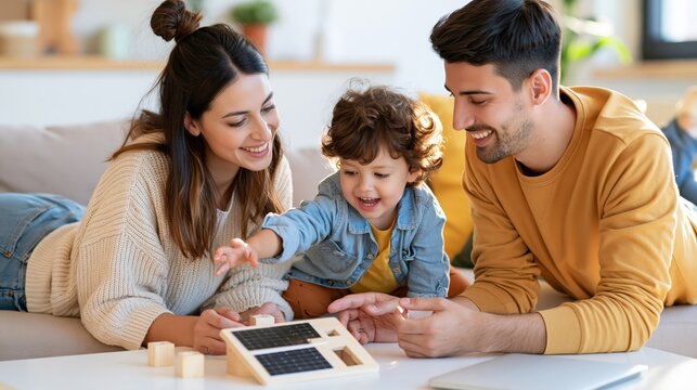 A happy family enjoys playing with building blocks on a couch.