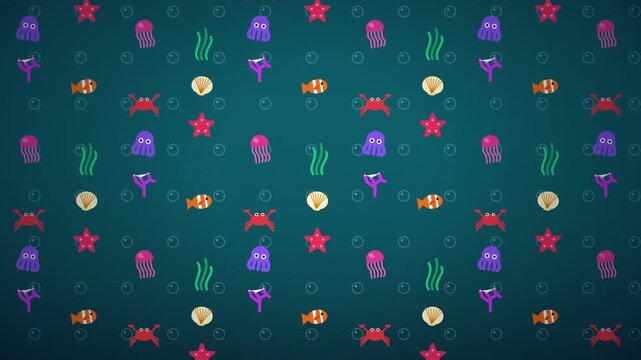 A vibrant and playful seamless pattern featuring flat style sea creatures like jellyfish octopuses fish crabs and shells floating in a deep blue ocean background with bubbles