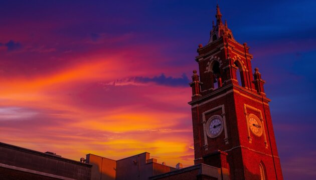 Red brick clock tower stands majestically against a vibrant, colorful sunset sky, showcasing intricate architectural details and dramatic evening light over the city.