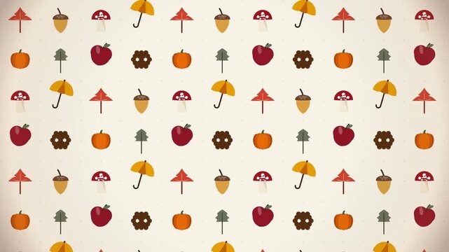 A festive motion background featuring a flat vector pattern of autumn symbols like apples acorns and umbrellas perfect for harvest season branding and fall themes.