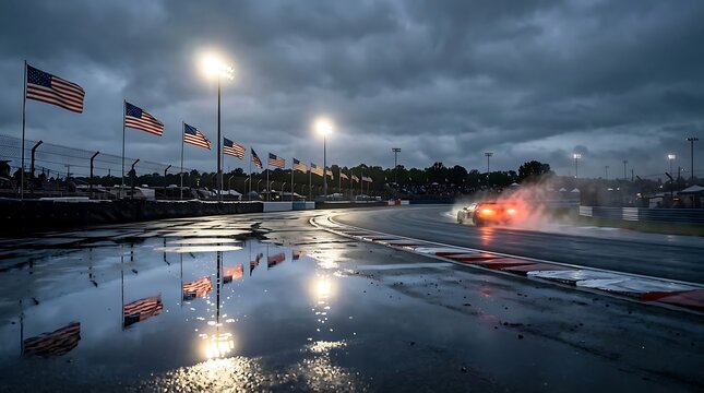 Race car driving on a wet track at dusk