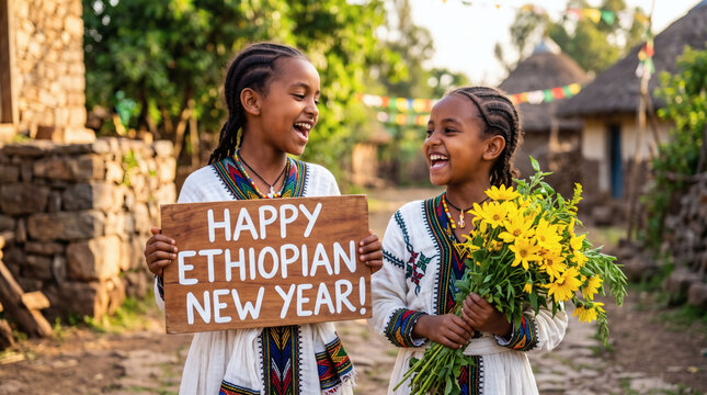 ethiopian new year celebration two young girls singing with happy ethiopian new year sign and yellow addis ababa flowers golden hour vibrancy