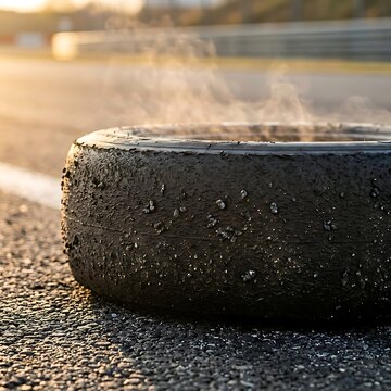 Steaming hot racing tire on asphalt track at sunset