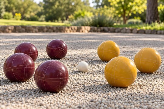 Colorful bocce balls arranged around a white target ball