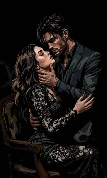 Dark romance digital painting, a passionate embrace of a handsome man in a dark suit and a beautiful woman in a black lace dress, mafia romance couple portrait