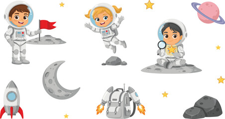 Cute Kids Astronaut Character Vector Set with Little Children Exploring Space Planting Flag Flying Jetpack and Spaceship Icons for Education Designs © Md. Al-Amin