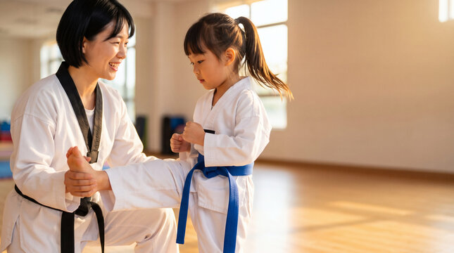karate child tae kwon do teacher martial arts training golden hour professional photo with copy space for sports education design