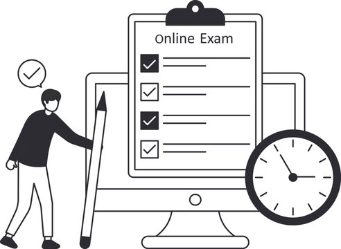 Online exam illustration for elearning and distance learning. Student taking digital test on computer with checklist, pencil, and timer clock for remote education assessment.