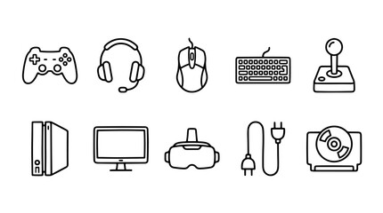 Gaming hardware icon set, 10 minimalist line art symbols for video games, electronic sports equipment collection, black and white tech graphics © haseeb