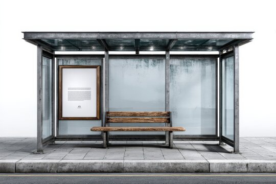 Empty Modern Bus Stop Shelter with Wooden Bench and Advertising Board