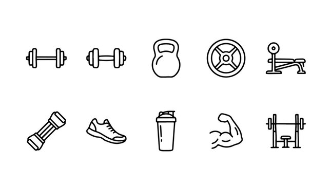 Minimalist gym icon set with 10 fitness elements, black line art workout symbols, bodybuilding equipment icons for sports app design