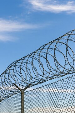 Razor wire fence barrier under blue sky