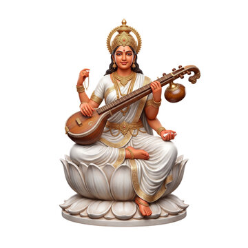 Goddess Saraswati Playing Veena Seated on White Lotus Hindu Goddess of Knowledge and Music 3D Statue PNG