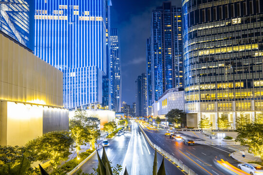 Night view of traffic and buildings in Shenzhen Bay Subdistrict, China.