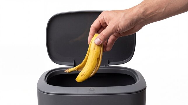 Person throwing banana peel into small grey compost bin on white background