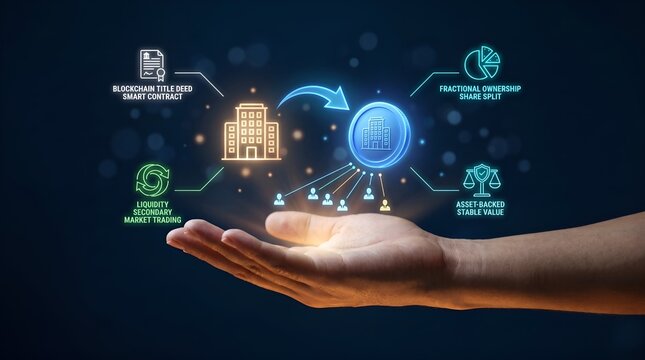 Real estate tokenization digital concept, blockchain asset-backed cryptocurrency investment, financial technology innovation background