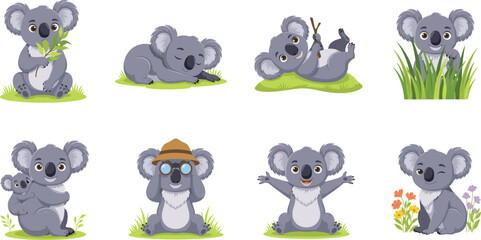 Fototapeta premium Cute Koala Bear Character Set with Sweet Australian Animal Mascot in Various Poses for Nursery Decor, Kids Apparel, and Educational Vector Designs