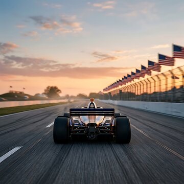 Indycar racing car driving on track at sunset