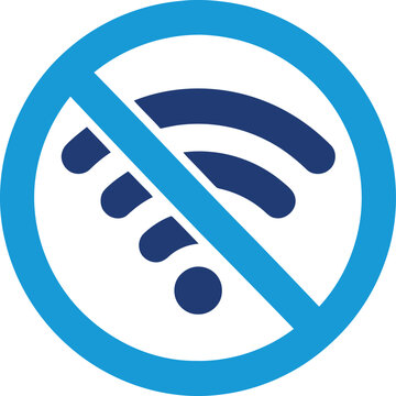 No wifi signal warning symbol and disabled internet connection icon. Blue prohibited sign with wireless network blocked. Transparent background PNG format