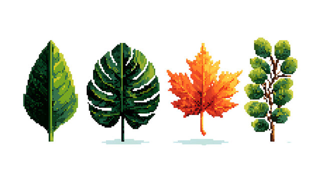 Four small pixel leaf icons: green leaf, monstera, maple, rounded branch