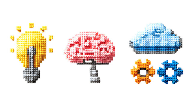 Studded brick icons of lightbulb brain and cloud with gears toy construction style