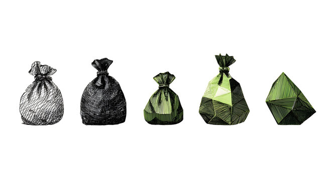 Sequence of sack sketches evolving into a green low polygon object