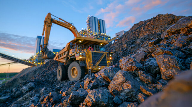 Freshly excavated rare earth ore stored in a large stockpile at a clean modern mining processing facility, industrial haul truck and conveyor infrastructure nearby, raw mineral supply chain from ext