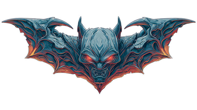stonelike bat face with extended textured wings and red glowing eyes