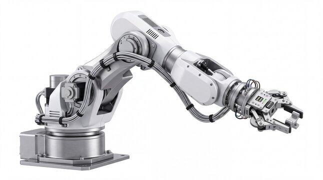 Modern industrial robotic arm equipped with advanced mechanical gripper and hydraulic cables on white background