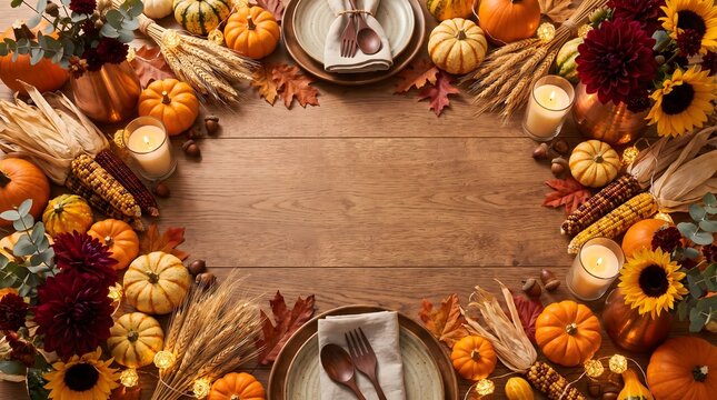 Rustic autumn table setting with pumpkins and fall harvest decorations on wooden background