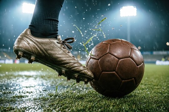 Una bota de f&uacute;tbol golpeando un bal&oacute;n de cuero, con briznas de hierba y gotas de agua volando por el aire en un campo empapado por la lluvia