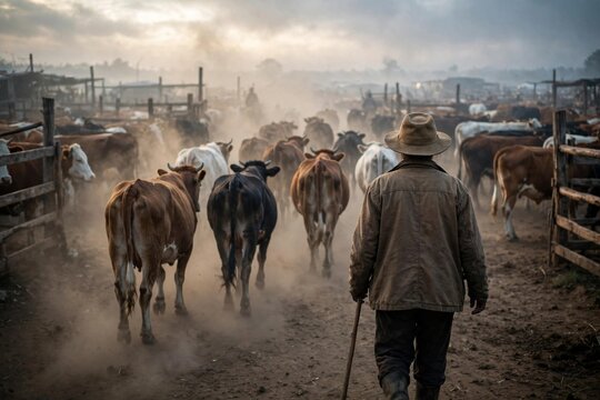 Livestock market at dawn dust clouds herder guiding cattle from behind